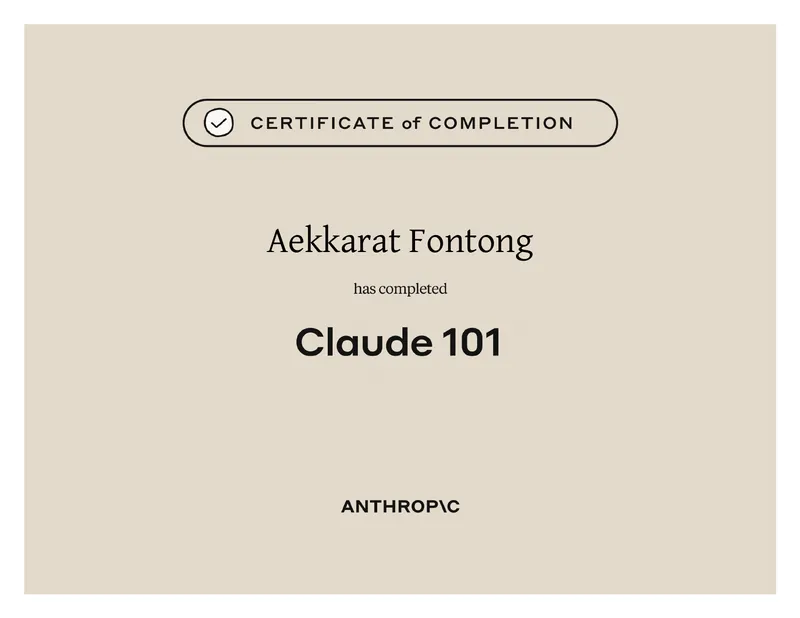 Claude 101 certificate of completion from Anthropic Education