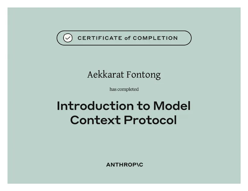 Introduction to Model Context Protocol certificate of completion from Anthropic Education