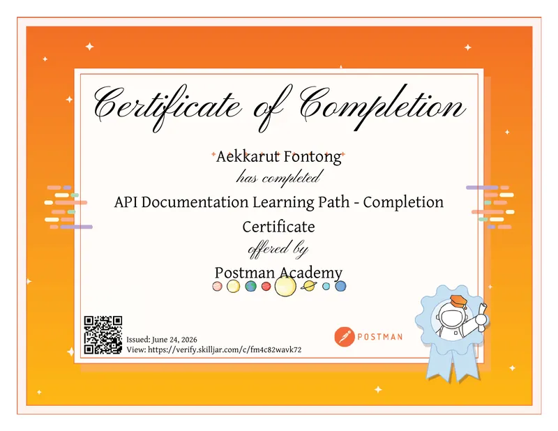 API Documentation Learning Path certificate from Postman Academy